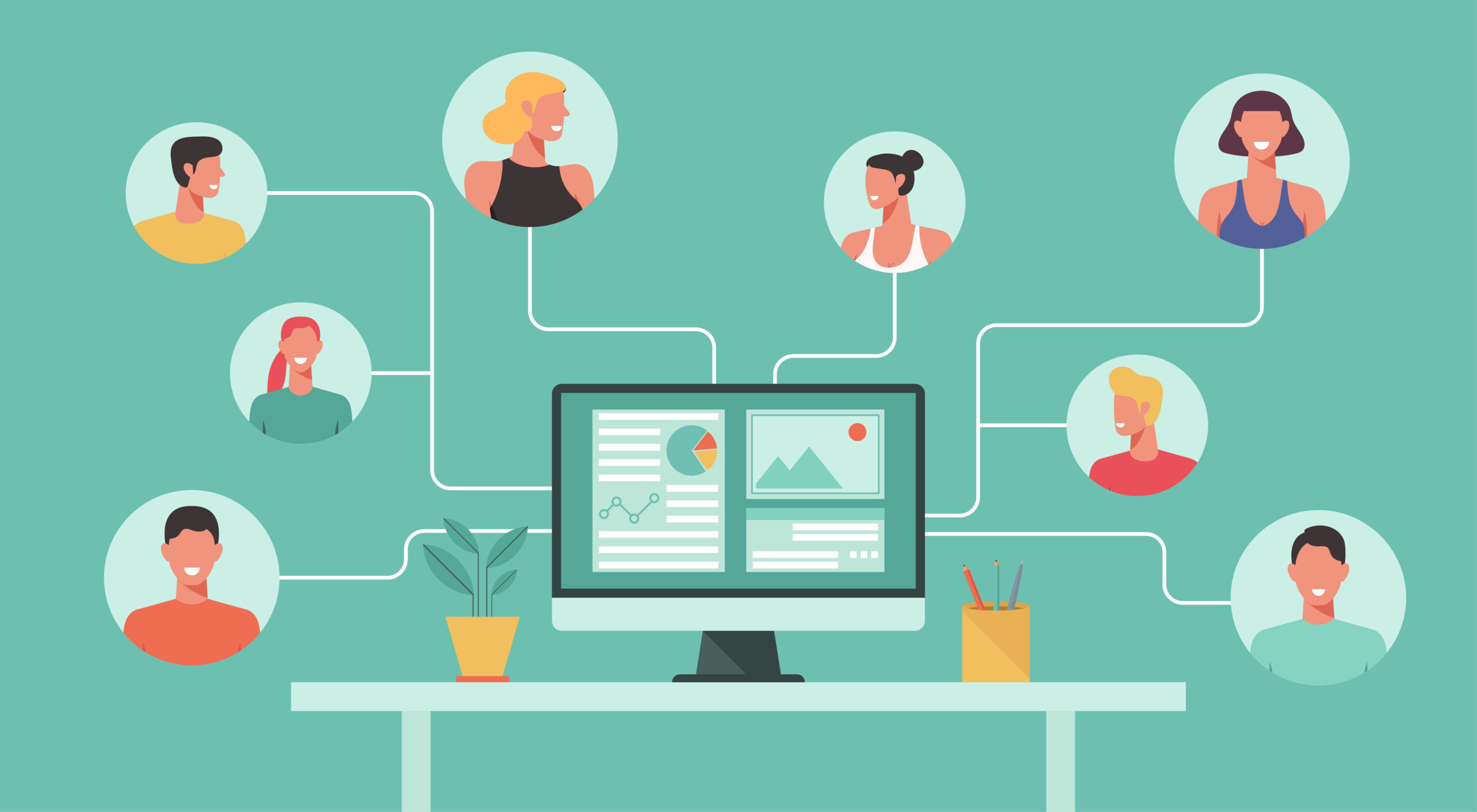 people with different and expert skills connecting and working online together on computer, remote working, work from home, work from anywhere, new normal concept, vector flat illustration